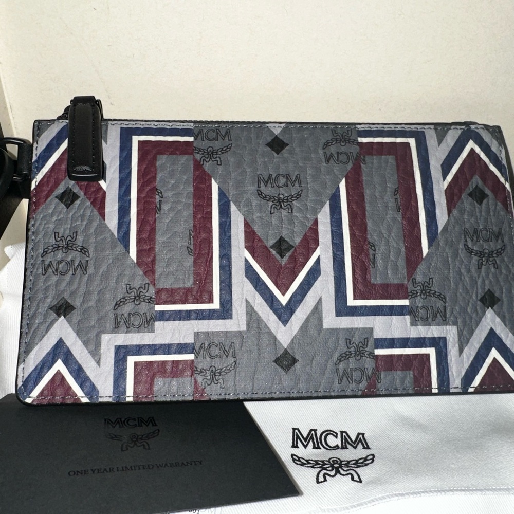 MCM Gray Geometric Wallet with Bold Art Deco Design